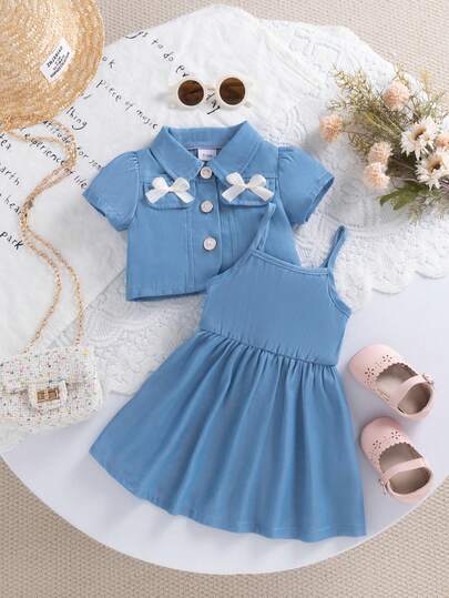 2pcs Baby Girl Sweet Fashion Collar Short Sleeve Bow Jacket Top Paired With Cute Strap Vest Dress 2-Piece Outfit, Suitable For Daily, Outdoor, School, Commute, Beach, Photography