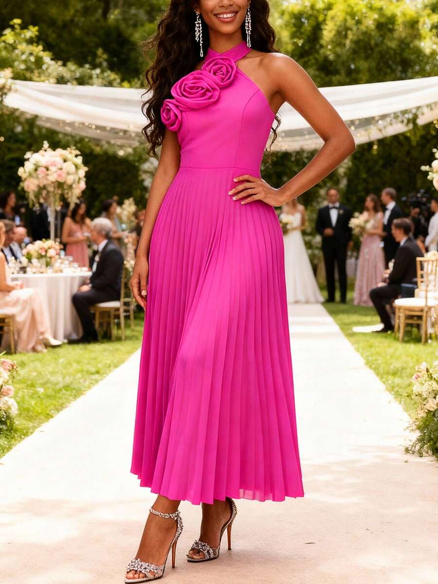 女士优雅紫红色露背褶皱长裙，饰有3D玫瑰花，后背系带，适合派对、婚礼、情人节等场合。 - 玫紅色 - 查看 1