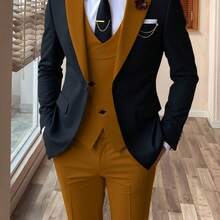 Men's 3pcs Suit Color Block Wedding Formal Party Events Tuxedo Suit Elegant Casual Working Business Suit 34S 36S 38S 40R 42R 44R 12.15gal - 寶藍色 - 查看 2