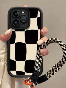 Check Pattern1pc Black & White Plaid Fashion New TPU Soft Black & White Lanyard Phone Case, With Black & White Stylish Lanyard, Suitable Compatible With Apple 17promax/16promax/13/15/16/15proamx/17pro/14/11, Fashionable Black & White Lanyard Phone Protective Case - Black - View 1