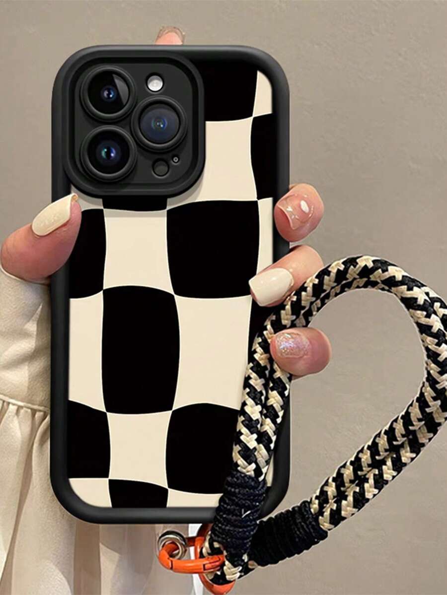 Check Pattern1pc Black & White Plaid Fashion New TPU Soft Black & White Lanyard Phone Case, With Black & White Stylish Lanyard, Suitable Compatible With Apple 17promax/16promax/13/15/16/15proamx/17pro/14/11, Fashionable Black & White Lanyard Phone Protective Case - Black - View 1