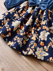 Girls' Fashionable Ditsy Floral Denim Effect Princess Dress, Spring/Autumn - Royal Blue - View 4