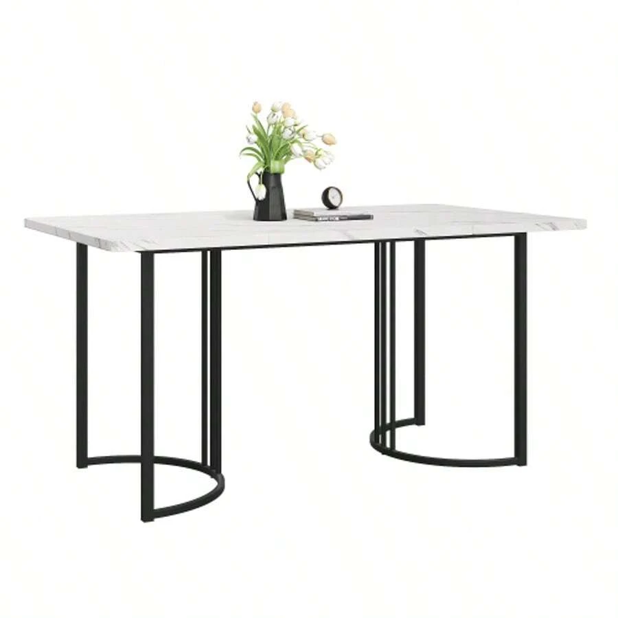 Tavolo da pranzo 140 x 80 cm (1 pezzo), tavolo da cucina moderno, struttura in metallo, tavolo rettangolare con piano in marmo moderno, piedini regolabili, ideale per la sala da pranzo o il soggiorno, bianco/nero - Bianco - Visualizzare 1
