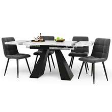 Five-Piece Dining Set With Extendable Marble Top (Seats 4), Four Grey Velvet Chairs, Black Tabletop Shelf - Grey - View 3