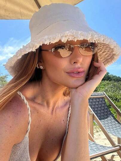 1 pieza Gafas de moda ovaladas pequeñas sin marco, decoración con letras metálicas, estilo retro personalizado, gafas de moda elegantes y versátiles para mujer, adecuadas para uso diario, fotografía callejera, vacaciones, playa y otras ocasiones