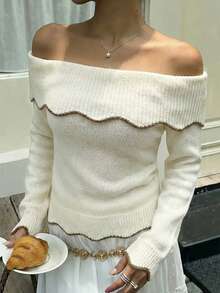 Women's Gentle Off-Shoulder Contrast Trim Long Sleeve Pullover Sweater