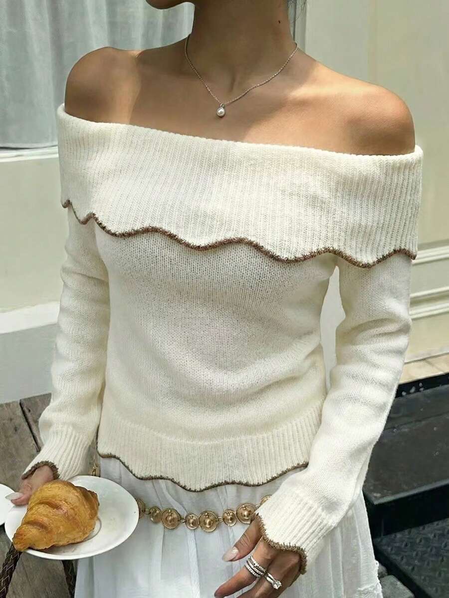 Women's Gentle Off-Shoulder Contrast Trim Long Sleeve Pullover Sweater