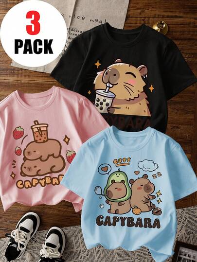 3pcs/Set Girls Casual Printed Round Neck Short Sleeve T-Shirt, Summer Student Young Children Clothing - The Cute CAPYBALA Printed T-Shirt Brings Joy And Happiness To Every Child!