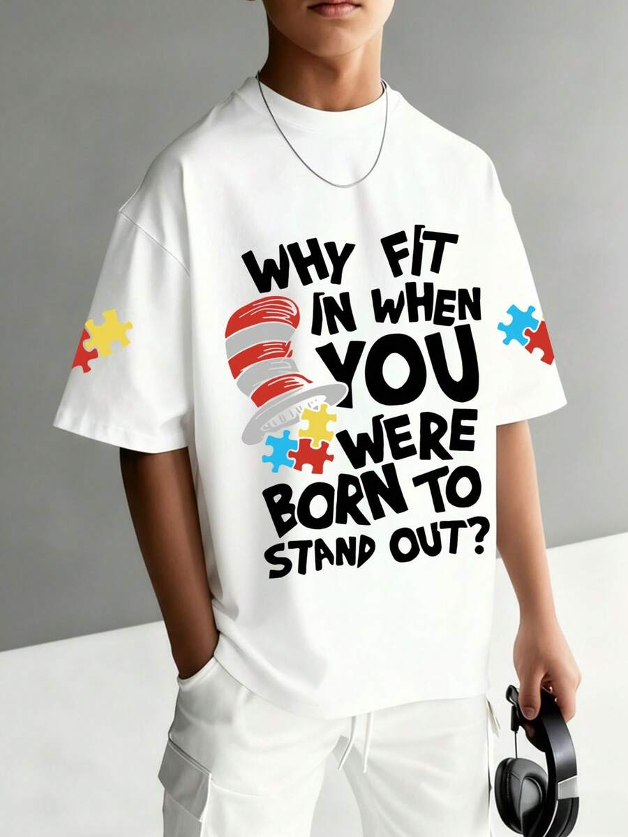 Boys' Personalized Minimalist Cartoon Puzzle Pattern Letter Slogan Print Crew Neck Short Sleeve T-Shirt, New Summer Boys Clothing - White - View 1