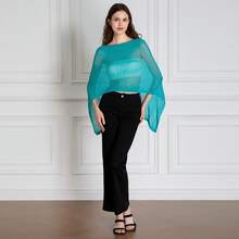 Womens Sheer Blouse Top Knit Lightweight Shrug Sweater Poncho Y2K Sheer See Through Knit Poncho Asymmetric Shrug Bolero Beach Cover Up Tops Pullover Crochet Shawls - 水鴨藍 - 查看 4