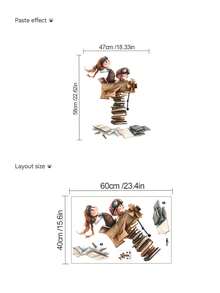 1pc Cute Pilot Girl Reading Book Airplane Stacked Books Wall Decal, Removable Wall Sticker For Bedroom, Living Room, Nursery - Brown - View 8