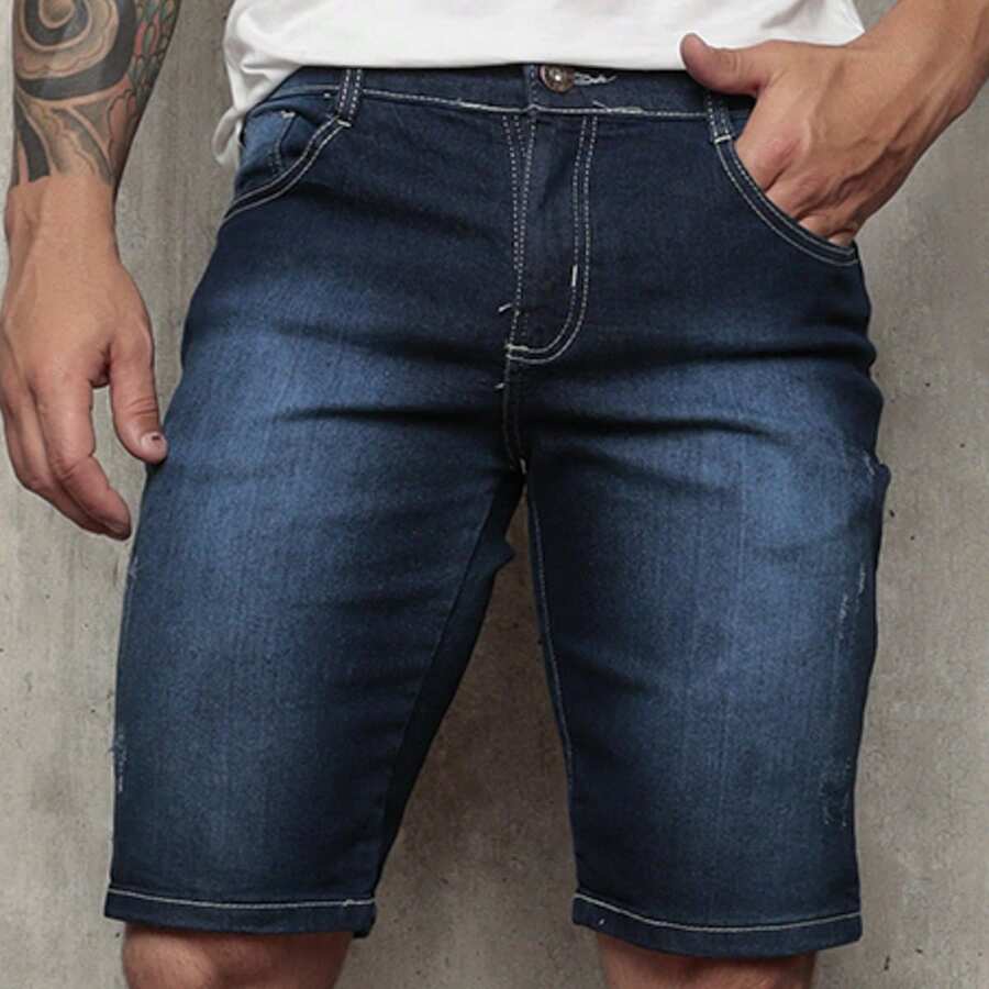 Men's Plain Denim Bermuda Shorts With Elastane - 深色水洗藍 - 查看 1