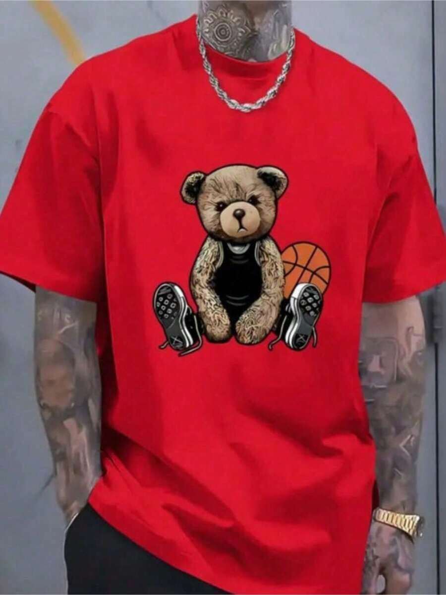 Men's Printed Bear Basketball T-Shirt, 100% Cotton, 30.1 Knit Fabric. - 紅色 - 查看 1