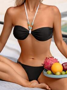 黑白拼接休闲女士泳装两件套，适合海滩、生日派对、度假、运动健身、夏季和春季穿着。 - 黑色 - 查看 1