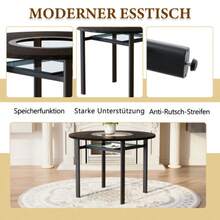 Modern Minimalist Round Table Set (With Integrated Storage Compartment And 4 Brown Dining Chairs Made Of High-Quality High-Tech Fabric), Round Table With A 100 Cm Diameter In Black Wood Look. - Khaki - View 2