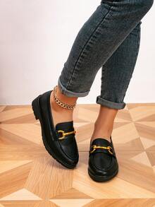 Women's Loafers, Round Toe Metal Buckle Flat Loafers, Outdoor Retro Women's Shoes, Flat Brogues, Women's Shoes, Women's Casual Shoes, Black Shoes - Black - View 5