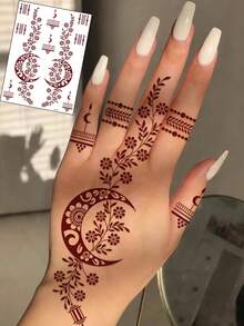 1 Temporary Tattoo Sticker With A Moon And Flower Design In A Wine-Red Color – ManHaiti Design Tattoo Stickers, Water- And Sweat-Resistant, Suitable For Various Parties And Body Painting Events. - Burgundy - View 4