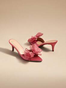 Glizzene 粉色蝴蝶结高跟凉鞋，露趾女式礼服鞋，红色高跟鞋，窄跟细高跟凉鞋，红色蝴蝶结婚鞋，情人节婚礼鞋 - 粉色 - 查看 3