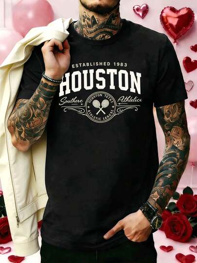 Houston Vintage Athletic Herren-T-Shirt aus Premium-Baumwolle, bequeme Passform, Streetwear- und Hip-Hop-Stil, Grafikdesign