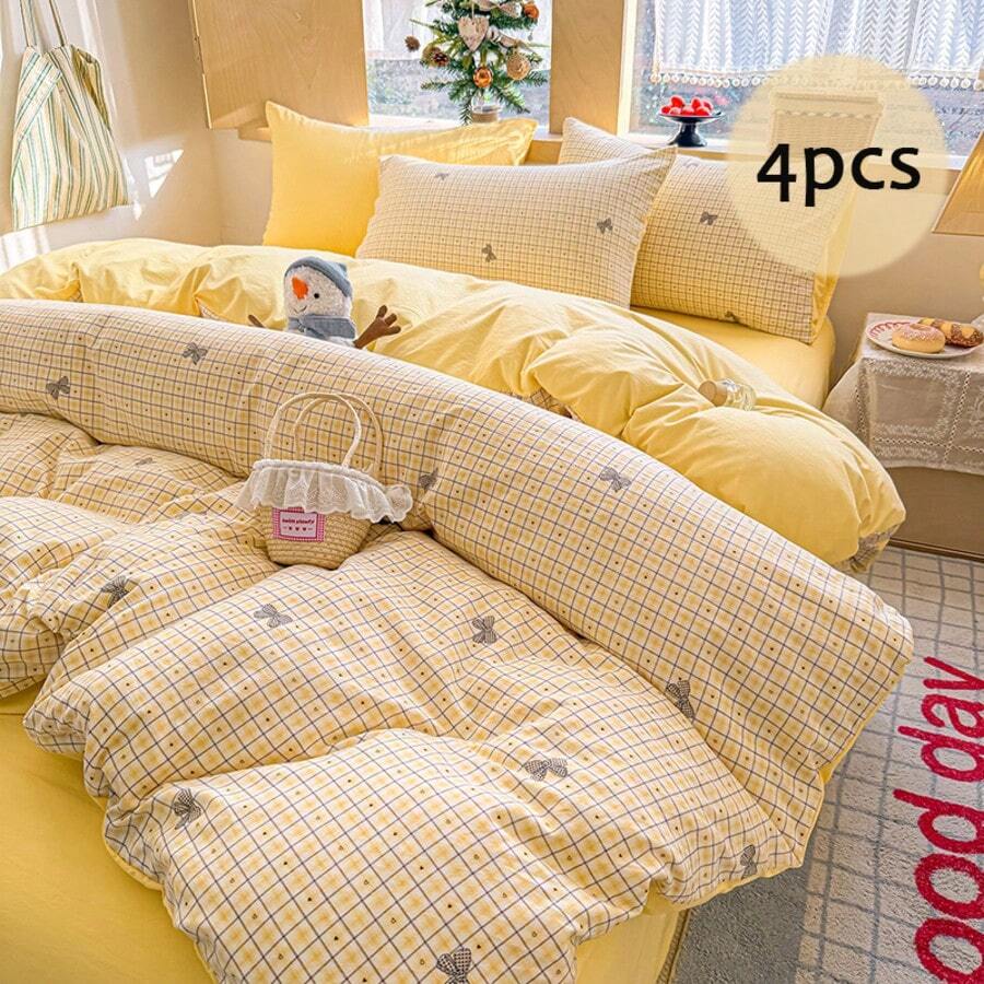 Bộ ga trải giường 4 món, bộ ga trải giường kẻ caro màu vàng mù tạt cổ điển, bộ chăn ga gối bằng polyester mềm mại, thoáng khí, thoải mái, trang trí phòng ngủ phong cách Hàn Quốc nhẹ nhàng, với họa tiết nơ và trái tim, phù hợp cho mọi mùa, ngày Valentine, tháng Ramadan, bao gồm 1 vỏ chăn (không kèm ruột chăn), 1 ga trải giường, 2 vỏ gối (không kèm ruột chăn) - Nơ chanh - Xem 1