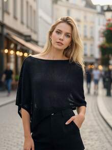 Ponchos de punto para mujer, color liso, cuello redondo, corte holgado, dobladillo asimétrico, capa de ganchillo. - Negro - Ver 3