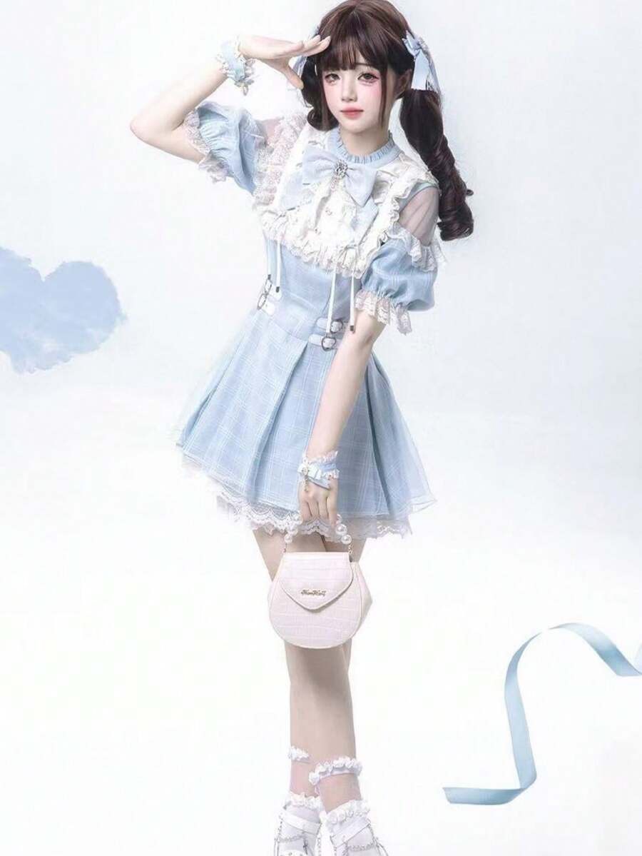 Women Midi Dresses - Váy xanh + quần bảo hộ + nơ - Xem 1