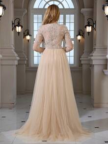 Beaded, Sequin Embroidered Lace Shawl With Tassel Trim, Elegant A-Line Maxi Dress, Suitable For Cocktail Party, Gala, Wedding - Champagne - View 4