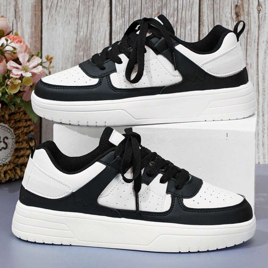 Fashion Casual Outdoor Office Work Walking Travel Sport Shoes Women Low-Top Flats Lace-Up Breathable Color Matching Sports Lightweight Comfortable Skateboard Tennis Sneakers Spring Fall - 黑與白 - 查看 1