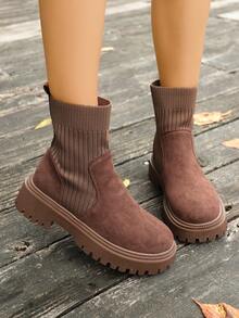 女士西部风格丝绒弹力短靴，圆头，平底，舒适，时尚 - 卡其色 - 查看 4