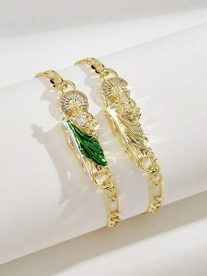 Pulsera con dije de enchapada en oro de 14k, cadena Figaro con gota de aceite verde de Jesús y figura del santo, joyería minimalista sagrada, unisex, regalo para fiestas
