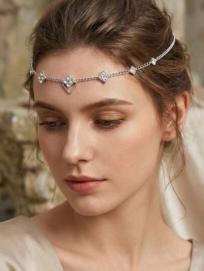 女士水钻心形头链饰品，银色额链波西米亚风发饰，闪亮水滴头饰，适合婚礼、舞会、节日和派对装饰