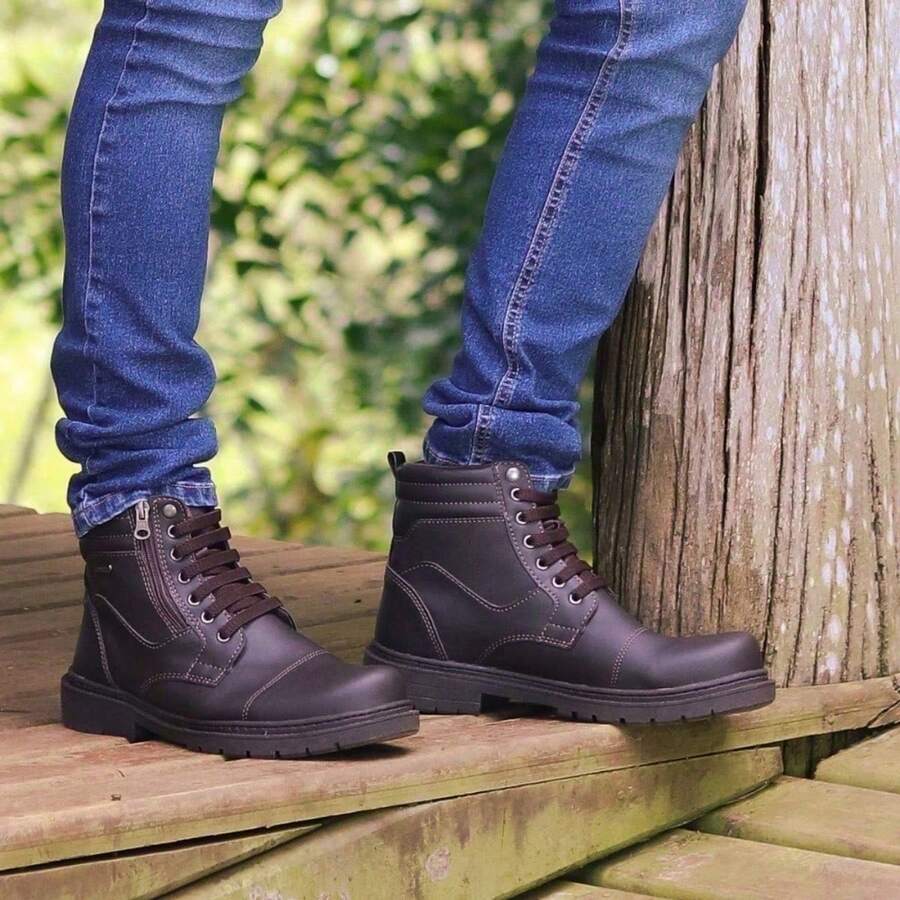 Bota Coturno Masculina Outdoor Casual com Zíper Lateral e Sola Tratorada - Marrom - Visão 1
