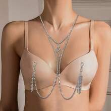 性感极简蛇形水晶身体链 | 无镀层玻璃 | 多功能派对及音乐节装饰 | 闪亮玻璃水晶马赛克比基尼胸链配饰 - 銀色 - 查看 3