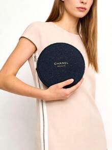 CHANEL Limited Edition Navy Blue Embossed Wool Round Cosmetic Bag, With Gold Logo And Camellia Zipper Pull, Luxury Makeup Pouch - Navy Blue - View 5