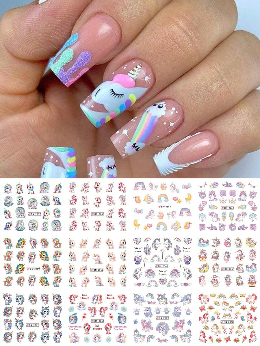 12款独角兽和马美甲贴纸，闪光水转印贴纸，彩虹爱心、月亮、星星、蛋糕、气球等彩色卡通图案，美甲装饰，DIY美甲贴纸，女士美甲配件 - 彩色 - 查看 1