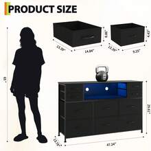 10 cajones de Tela, Soporte de TV con Centro de Entretenimiento con Toma de Corriente y luz LED para TV de 45 a 55 Pulgadas, cómoda con Tapa de Madera y estantes Abiertos para recámara, Sala de Estar - Negro - Ver 2