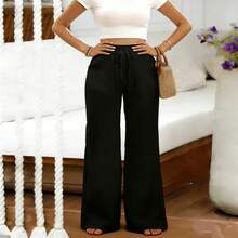 Plus Size Women's Solid Color Pants With Pockets And Drawstring Waist, Comfortable For Home, Outdoor, Commute, All Seasons - Black - View 8