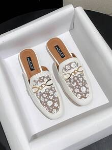 Mengshangli 女士优雅山茶花朋克仙女平底凉鞋，网眼拼接撞色饰边，适合办公室、派对、度假、春夏穿着 - 白色 - 查看 2