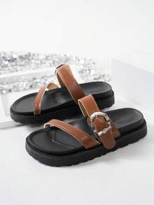 New Fashion Metal Buckle Decor Slip-On Wedge Heel Sandals, Comfortable Non-Slip, Versatile & Easy To Clean, Suitable For Beach & Daily Wear - Brown - View 6