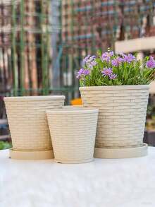 加厚竹纹花盆，北欧风格，适合室内外种植，塑料花盆底部排水设计，配有托盘——防止根腐病，适合常春藤、多肉植物和其他植物。 - 米色 - 查看 3