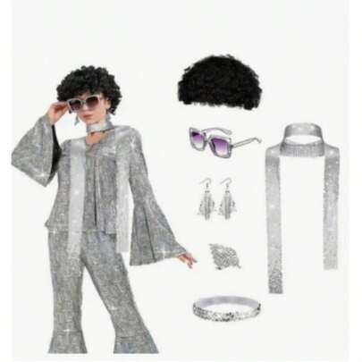 6 Pcs Groovy 70s Disco Women Carnival Party Set Headband Wig Sunglasses Ring Scarf Earrings