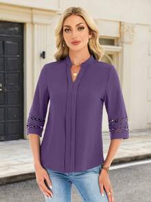 3/4 Length Sleeve Womens Tops V Neck Dressy Casual Blouses Lace Tunic Pleated Shirts Business Casual Outfits 2026 Designed With A Stand Collar V-Neck, Front Pleats And 3/4 Sleeves Featuring Hollow-Out Cuffs - 紫色 - 查看 3