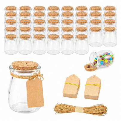40PCS Small Glass Jars 200ml (7oz) With Cork Stoppers, Clear Apothecary Candy Jars With Labels & Strings For Wedding Favours, Party, Spice Storage, Bath Salts & Crafts