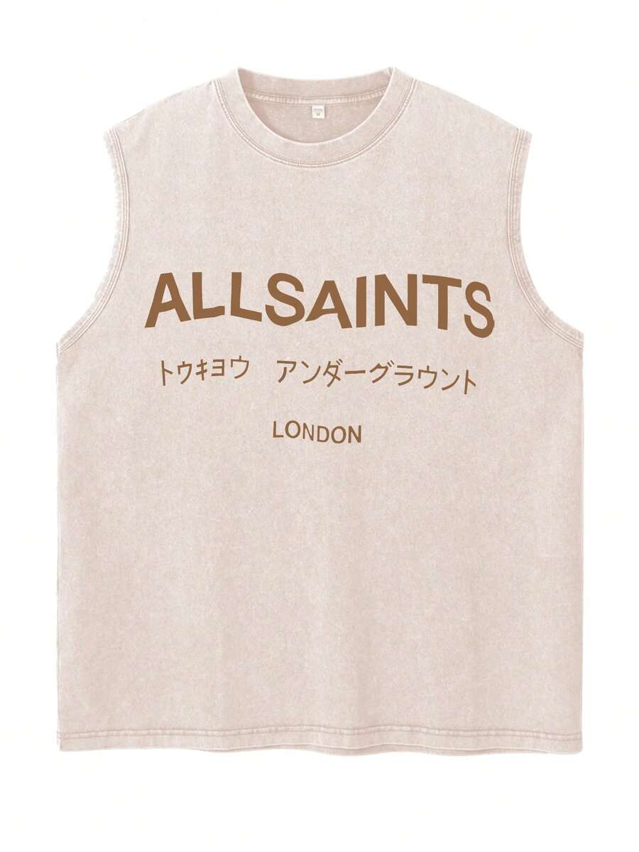 Vintage Men's Tank Top - AllSaints Print Design - Casual Fall/Winter Layering Tee - Perfect Gift For Halloween/Christmas - Cotton Age Brand - 杏色 - 查看 1