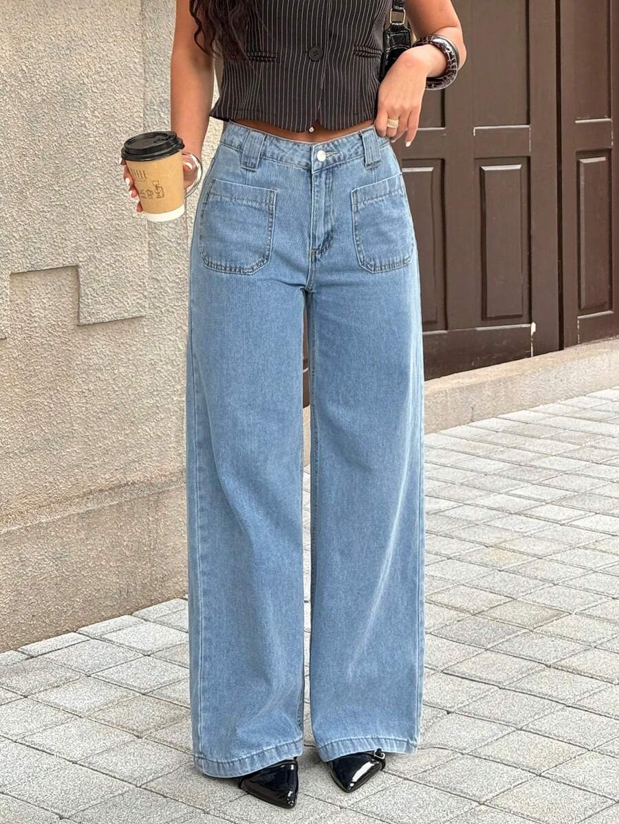 Women's Square Pocket Simple Fashionable Comfortable Jeans - Light Wash - View 1