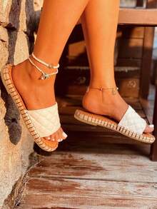 Sandalias de playa a cuadros blancos, chanclas de suela de cuerda de talla grande de estilo casual, atuendos de primavera y verano - Blanco - Ver 6