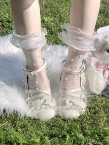 1 Pair Women's Lace Trim Bow Mesh Stockings, Sweet Lolita Mid-Calf Socks - White - View 2