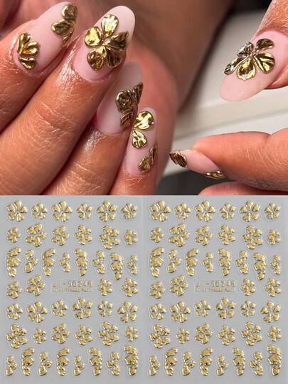 Adesivi d'arte per unghie in lamina d'oro vintage, accessori per unghie con decorazioni gioiello a rilievo di fiori di ibisco e foglie di giada, decorazioni per unghie per San Valentino e Capodanno in stile Y2K