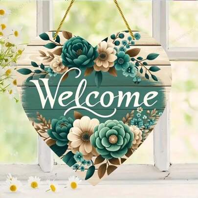 1pc 2D Flat Classic Heart-Shaped Wooden Welcome Sign, 2D Wreath Plaque For Home Decor, Multipurpose Door Hanging Wall Art, Suitable For Backyard, Patio, Beach Bar, Bedroom, Unique Gift For Friends And Colleagues