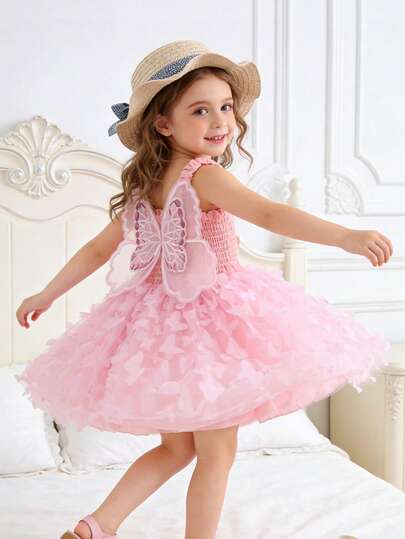 一件可爱、甜美、优雅、奢华的多色3D蝴蝶网纱薄纱吊带连衣裙，蓬蓬裙，适合女婴参加派对/生日/节日穿着，四季皆宜